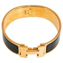 Pre Owned Hermès Clic Clac H Black Enamel Gold Plated Wide Bracelet 