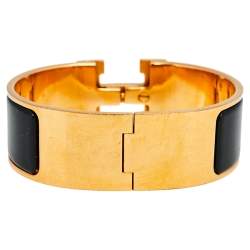 Pre Owned Hermès Clic Clac H Black Enamel Gold Plated Wide Bracelet 