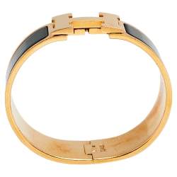 Pre Owned Hermès Clic Clac H Black Enamel Gold Plated Wide Bracelet 
