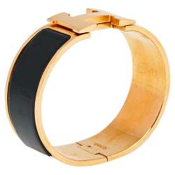 Pre Owned Hermès Clic Clac H Black Enamel Gold Plated Wide Bracelet 