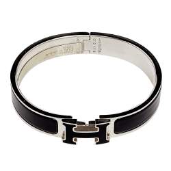 Pre Owned Hermes Clic H Black Enamel Palladium Plated Narrow Bracelet PM