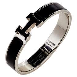 Pre Owned Hermes Clic H Black Enamel Palladium Plated Narrow Bracelet PM