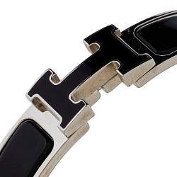 Pre Owned Hermes Clic H Black Enamel Palladium Plated Narrow Bracelet PM