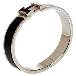 Pre Owned Hermes Clic H Black Enamel Palladium Plated Narrow Bracelet PM