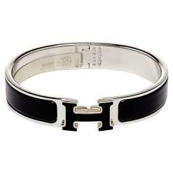 Pre Owned Hermes Clic H Black Enamel Palladium Plated Narrow Bracelet PM
