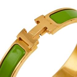 Pre Owned Hermès Clic H Green Enamel Palladium Plated Narrow Bracelet PM