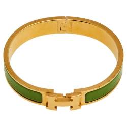 Pre Owned Hermès Clic H Green Enamel Palladium Plated Narrow Bracelet PM