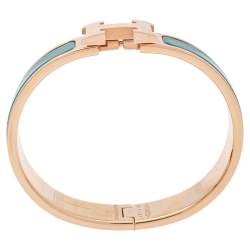 Pre Owned Hermès Clic H Green Enamel Gold Plated Narrow Bracelet PM