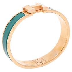 Pre Owned Hermès Clic H Green Enamel Gold Plated Narrow Bracelet PM