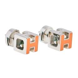 Pre Owned Hermès Palladium Plated Orange Enamel Cage d'H Stud Earrings
