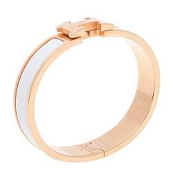 Pre Owned Hermès Clic H White Enamel Rose Gold Plated Narrow Bracelet PM
