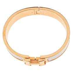 Pre Owned Hermès Clic H White Enamel Rose Gold Plated Narrow Bracelet PM