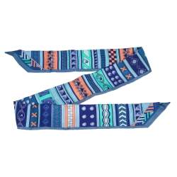 Pre Owned Hermès Blue Striped Motif Print Silk Twilly