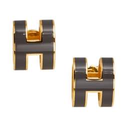 Pre Owned Hermès Pop H Grey Lacquered Gold Plated Stud Earrings