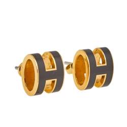 Pre Owned Hermès Pop H Grey Lacquered Gold Plated Stud Earrings