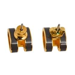 Pre Owned Hermès Pop H Grey Lacquered Gold Plated Stud Earrings