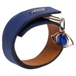 Pre Owned Hermes Blue Epsom Leather Double Tour Curiosite Bracelet and Lapis Lazuli Eye Charm Set