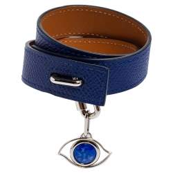 Pre Owned Hermes Blue Epsom Leather Double Tour Curiosite Bracelet and Lapis Lazuli Eye Charm Set