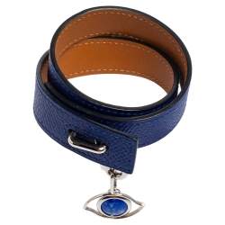 Pre Owned Hermes Blue Epsom Leather Double Tour Curiosite Bracelet and Lapis Lazuli Eye Charm Set