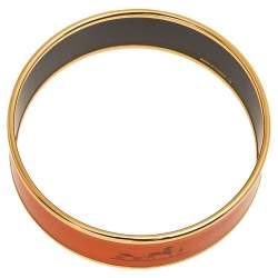 Pre Owned Hermes Orange Printed Enamel Gold Plated Calèche Wide Bangle Bracelet