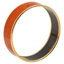 Pre Owned Hermes Orange Printed Enamel Gold Plated Calèche Wide Bangle Bracelet