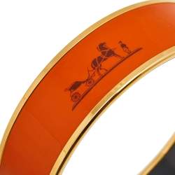 Pre Owned Hermes Orange Printed Enamel Gold Plated Calèche Wide Bangle Bracelet