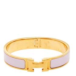 Pre Owned Hermès Clic H Pale Pink Enamel Gold Plated Narrow Bracelet PM