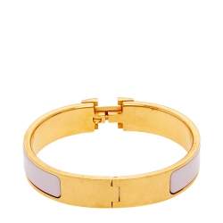 Pre Owned Hermès Clic H Pale Pink Enamel Gold Plated Narrow Bracelet PM