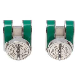 Pre Owned Hermes Pop H Palladium Plated Green Lacquer Stud Earrings