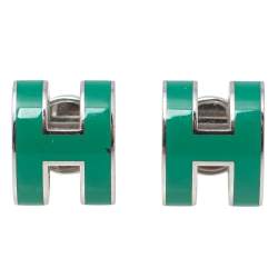 Pre Owned Hermes Pop H Palladium Plated Green Lacquer Stud Earrings