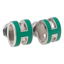 Pre Owned Hermes Pop H Palladium Plated Green Lacquer Stud Earrings