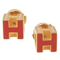 Pre Owned Hermes Cage d'H Gold Plated Red Lacquer Stud Earrings