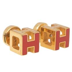 Pre Owned Hermes Cage d'H Gold Plated Red Lacquer Stud Earrings