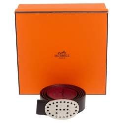 Pre Owned Hermes Moka/Vermillon Togo and Box Leather Evelyne Buckle Belt 105CM