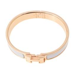Pre Owned Hermès Clic H White Enamel Rose Gold Plated Narrow Bracelet PM