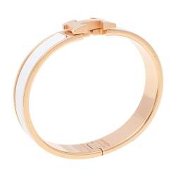 Pre Owned Hermès Clic H White Enamel Rose Gold Plated Narrow Bracelet PM