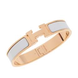 Pre Owned Hermès Clic H White Enamel Rose Gold Plated Narrow Bracelet PM