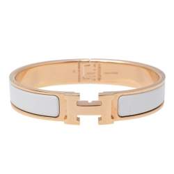 Pre Owned Hermès Clic H White Enamel Rose Gold Plated Narrow Bracelet PM