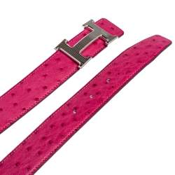 Pre Owned Hermes Fuchsia Ostrich H Strie Buckle Reversible Belt 80 CM