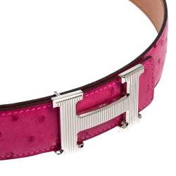 Pre Owned Hermes Fuchsia Ostrich H Strie Buckle Reversible Belt 80 CM