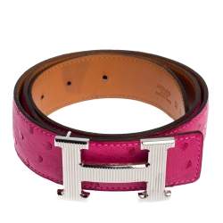 Pre Owned Hermes Fuchsia Ostrich H Strie Buckle Reversible Belt 80 CM
