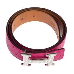 Pre Owned Hermes Fuchsia Ostrich H Strie Buckle Reversible Belt 80 CM