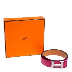 Pre Owned Hermes Fuchsia Ostrich H Strie Buckle Reversible Belt 80 CM