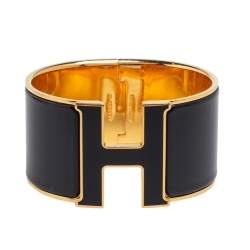 Pre Owned Hermès Clic Clac H Black Enamel Gold Plated Extra Wide Bracelet PM