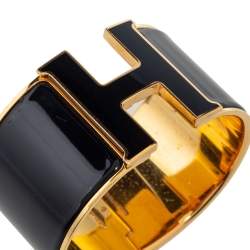 Pre Owned Hermès Clic Clac H Black Enamel Gold Plated Extra Wide Bracelet PM