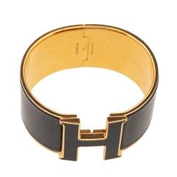 Pre Owned Hermès Clic Clac H Black Enamel Gold Plated Extra Wide Bracelet PM