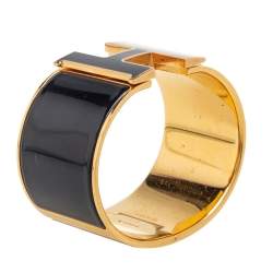Pre Owned Hermès Clic Clac H Black Enamel Gold Plated Extra Wide Bracelet PM