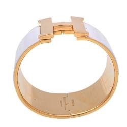 Pre Owned Hermès Clic Clac H Extra Wide White Enamel Gold Plated Bracelet PM