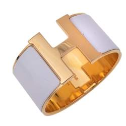 Pre Owned Hermès Clic Clac H Extra Wide White Enamel Gold Plated Bracelet PM