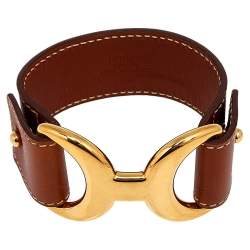 Pre Owned Hermes Pavane Brown Leather Gold Plated Bracelet S